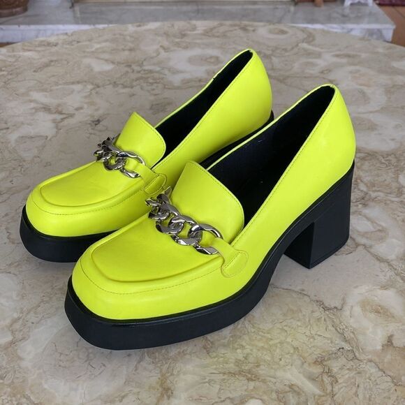 Call It Spring Noella Chain Platform Neon Green Vegan Leather Chunky Loafers - Picture 4 of 13